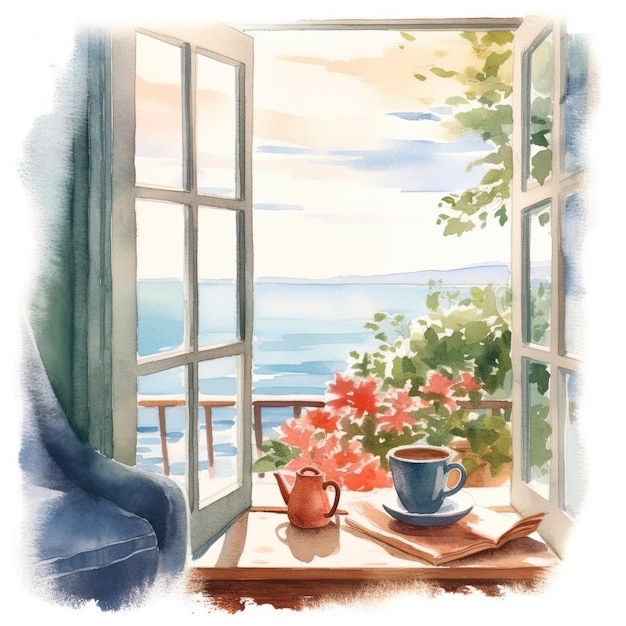 Aquarell gemütliche Heimatstelle am Fenster Clipart weißer Hintergrund