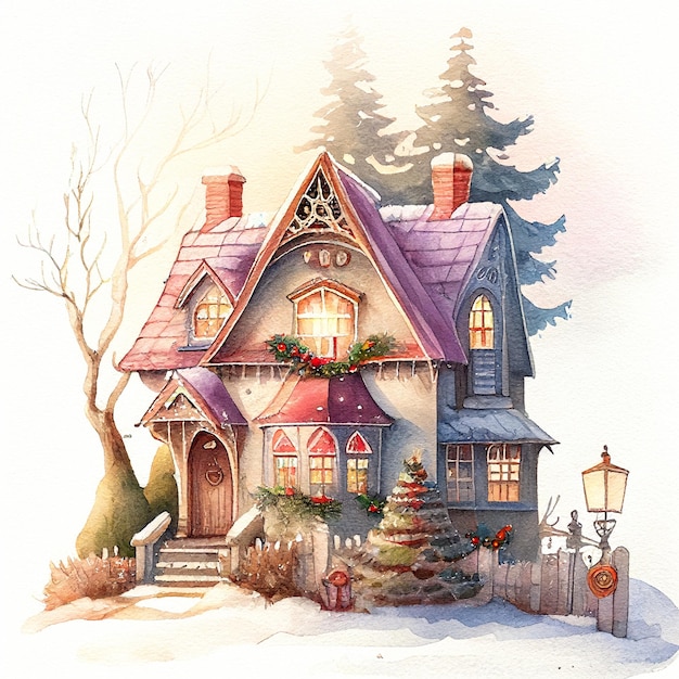 Aquarell gemütliches kleines Haus in der Winterszene Illustration frohe Weihnachten Postkartendesign saisonal