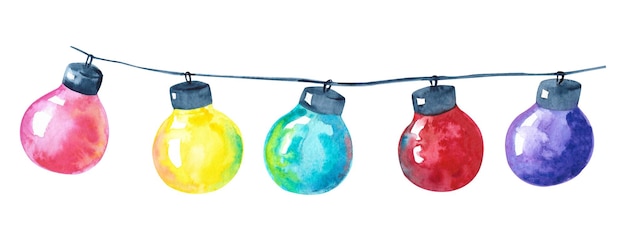 Aquarell Girlande aus Lampen Handgemachte Illustration isoliert auf weißem Hintergrund