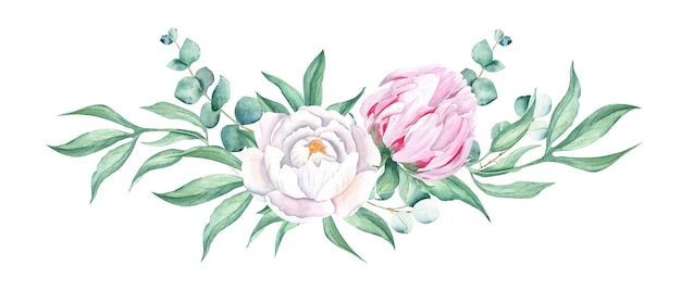 Aquarell Girlande Pfingstrose Bouquet isoliert auf weißem Hintergrund weiße und rosa Pfingstrosen Eukalyptus Hand