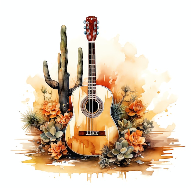 Aquarell Gitarre Western Wild West Cowboy Wüste Illustration Clipart