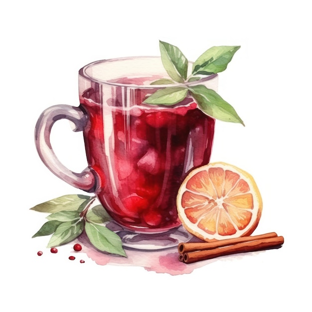 Aquarell-Glühwein aus einer Flasche mit Zimt, Vanille und Apfel