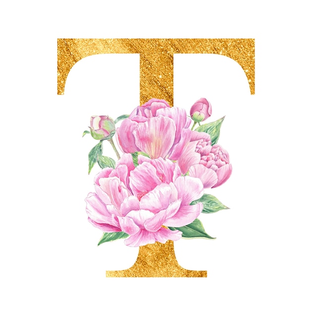 Aquarell Gold Englisch T Alphabet Pfingstrosen Rose botanische Blumenstrauß Komposition Hochzeitseinladung