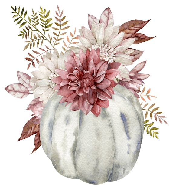 Aquarell grauer Kürbis verziert mit Herbstblumen, Herbstlaub. Schöne Blumenkürbis Anordnung auf dem weißen Hintergrund isoliert.