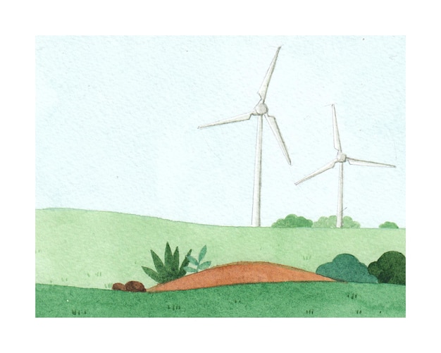 Aquarell grüne Natur Windmühle Landschaftsmalerei Leinwanddruck 1