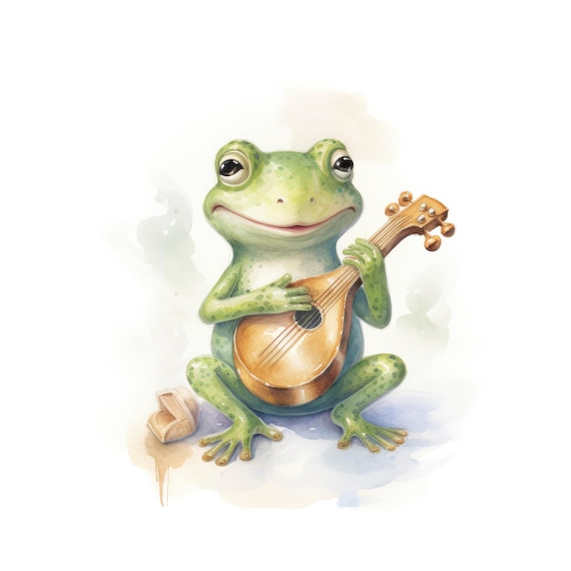 Aquarell grüner Frosch, der ein kleines Musikinstrument auf weißem Hintergrund spielt