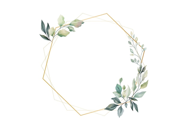 Aquarell-Grünrahmen mit goldenen Elementen auf weißem Hintergrund
