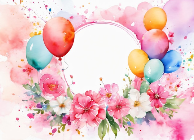 Foto aquarell-grußkarte geburtstagshintergrund mit blumen und ballons