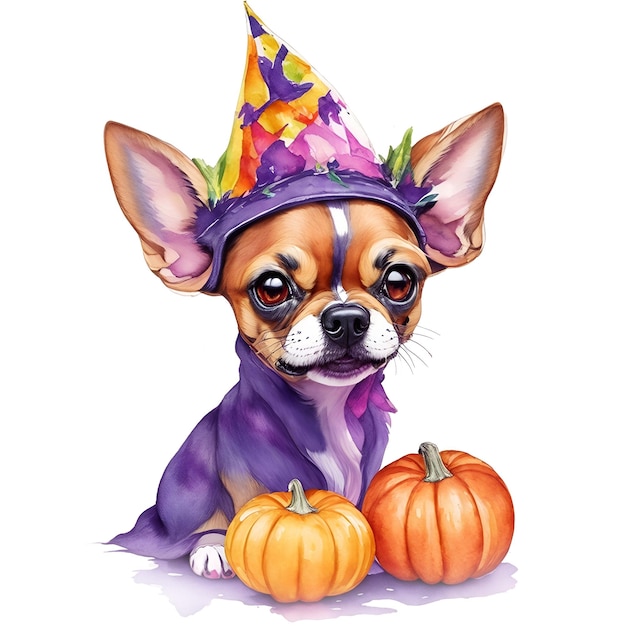 Aquarell-Halloween-Chihuahua-Hund mit Hut und Kürbis