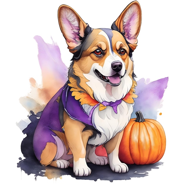 Aquarell-Halloween-Corgi-Hund mit Kürbis