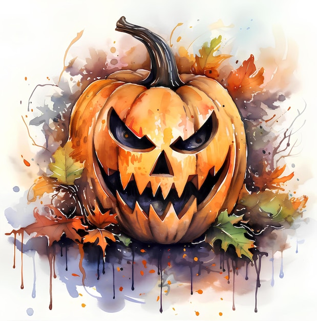 Aquarell-Halloween-Kürbis mit Blättern