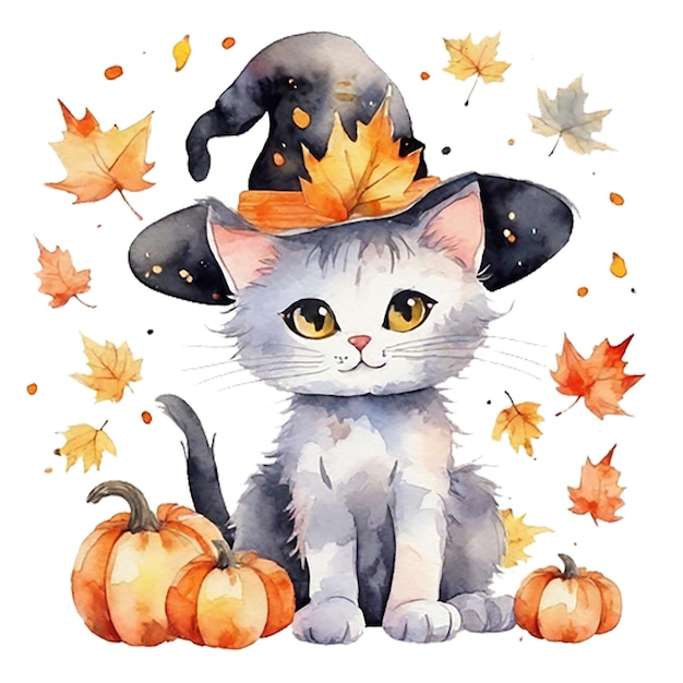 Aquarell Halloween weiße Kätzchen Katze in Hüten mit Kürbissen