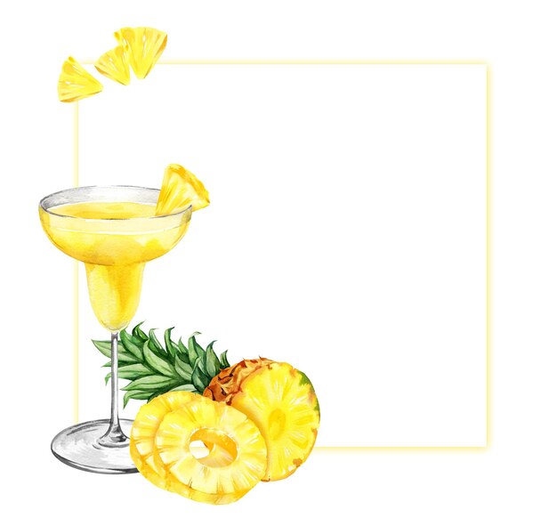 Foto aquarell-hand gezeichneter quadratischer rahmen mit ananas mit halber und schnitten reife ananas und cocktail glas skizze von gelber tropischer frucht lebensmittel illustration mit grünem aquarell hintergrund