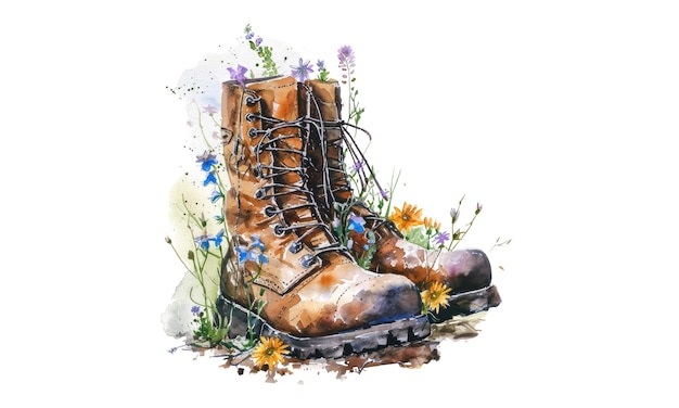 Aquarell-Handgemalte Schuhe mit Feldblumen-Buketten Freie Geist-Konzept Lederstiefel zurückgehaltenen Blumen Freiheit-Konzept Sommer-Themen-Illustration