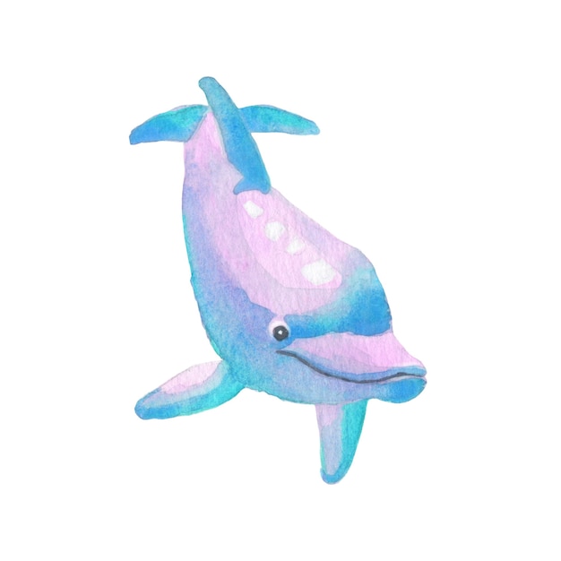 Aquarell handgemalter leuchtender Delphin, der fröhlich lächelt