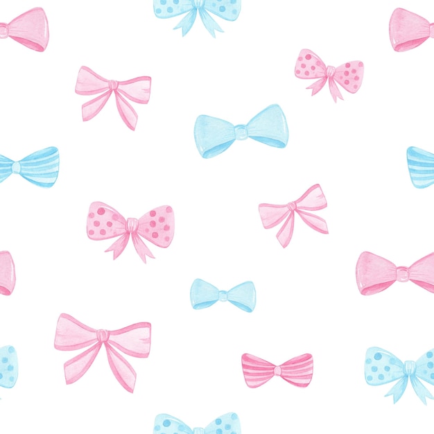 Aquarell handgezeichnete rosa und blaue Bögen nahtloses Muster auf weißem Hintergrund. kann für Stoff, Babyparty-Dekorationen, Druck, Textilien, Geschenkpapier, Karten, Scrapbooking verwendet werden