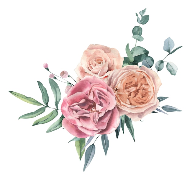 Aquarell handgezeichnete Rosen und Eukalyptus-Bouquet Perfekt für Einladungen und soziale Medien