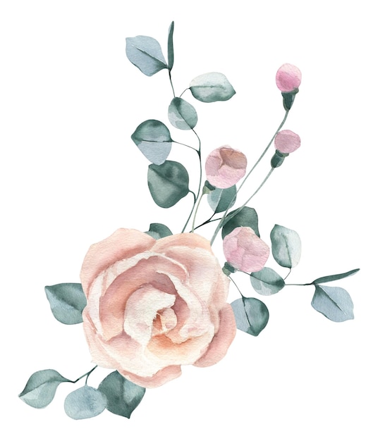 Aquarell handgezeichnete Rosen und Eukalyptus-Bouquet Perfekt für Einladungen und soziale Medien