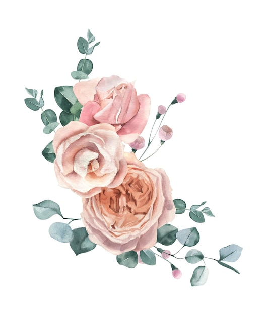 Aquarell handgezeichnete Rosen und Eukalyptus-Bouquet Perfekt für Einladungen und soziale Medien