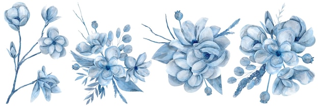 Aquarell handgezeichnete set-illustration mit blauen magnolienblüten