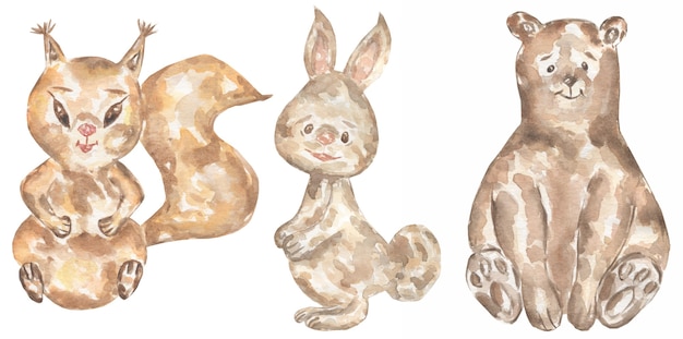 Foto aquarell handgezeichnete tierbabys clipart. waldtierillustration, waldkaninchen, kleiner bär, eichhörnchen-clipart, kinderwandkunst, babyparty, geburtstagsfeierkarte