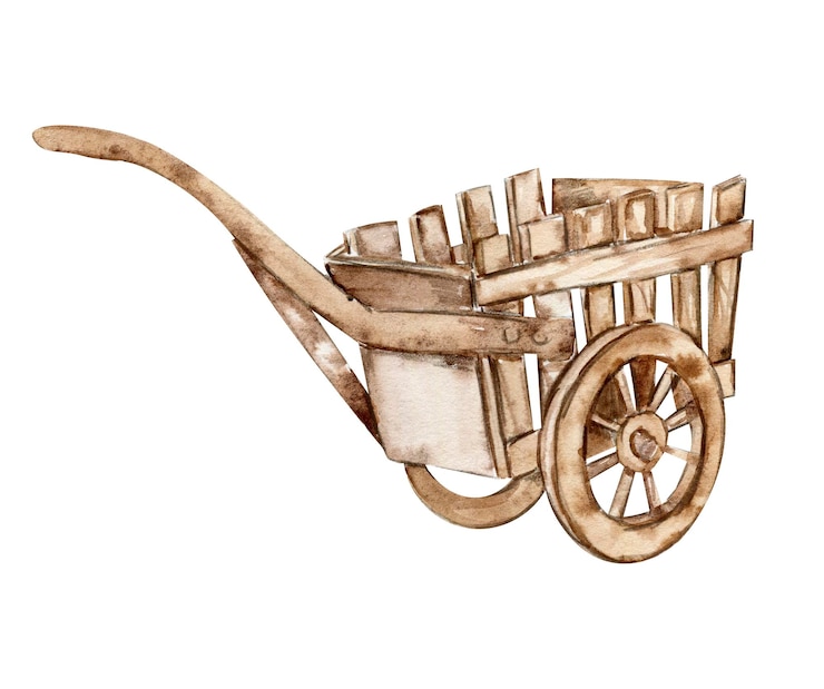 Foto aquarell handgezeichneter holzwagen. nette handgemalte illustration für grußkarten