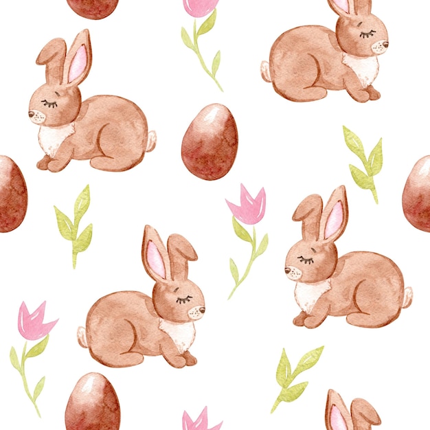 Aquarell handgezeichneter Osterbrauner Hase und Schokolade-Eier und Blumen nahtloses Muster auf weißem Ba