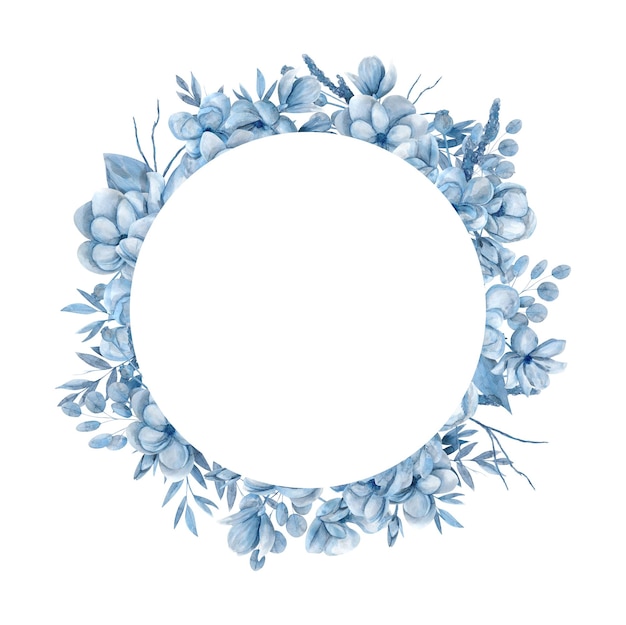 Aquarell handgezeichneter Rahmen mit blauen Magnolienblüten