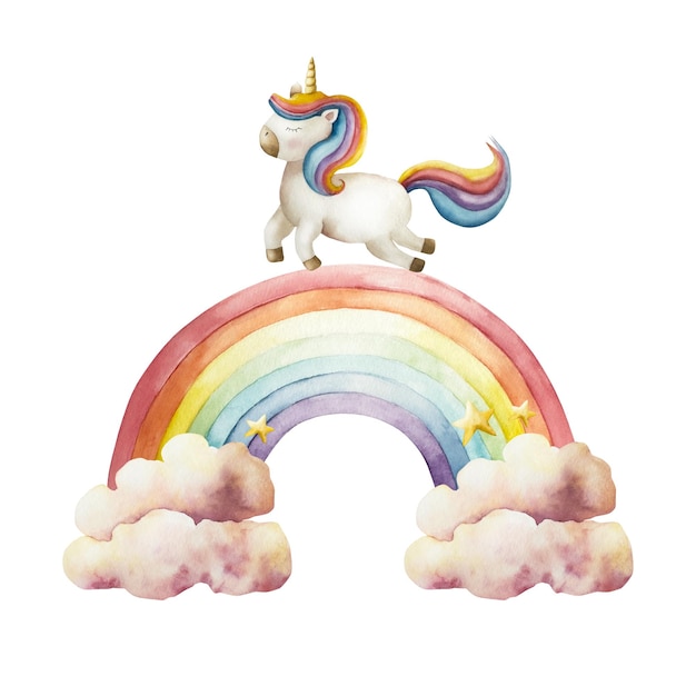 Aquarell handgezeichneter Regenbogen mit Sommerluftwolken und Einhorn magischen Clipart isoliert auf