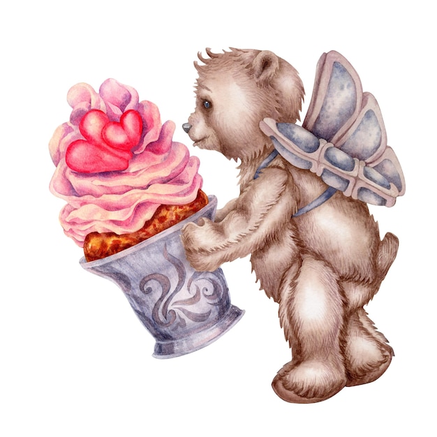 Aquarell handgezeichneter Teddybär - ein Engel mit rosa Herz Cupcake