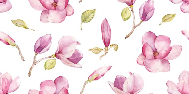 Foto aquarell handgezeichnetes nahtloses magnolia-muster design pink magnolia frühlingsblüte wunderbare blumen