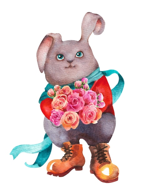 Aquarell Hase Charakter in einem Anzug mit einem Blumenstrauß