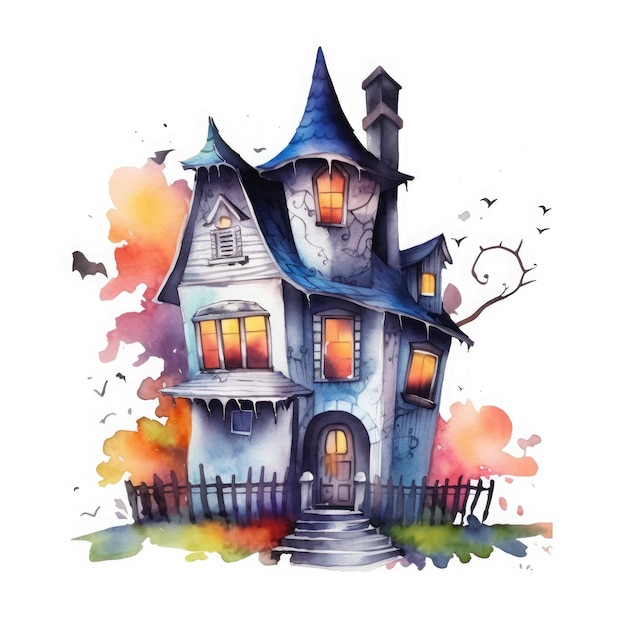 Aquarell Haunted House Clipart mit Halloween-Thema auf weißem Hintergrund