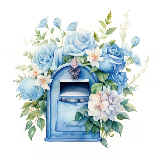 Aquarell hellblauer Blumenbriefkasten auf weißem Hintergrund