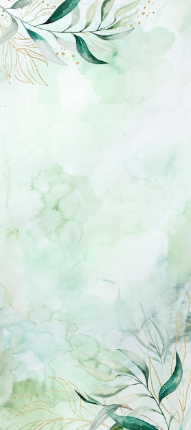 Aquarell hellgrüner handgemalter Hintergrund mit grünen und goldenen Blättern