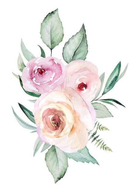 Aquarell hellrosa Blumen und grüne Blätter Blumenstrauß Pastell Anordnung Illustration