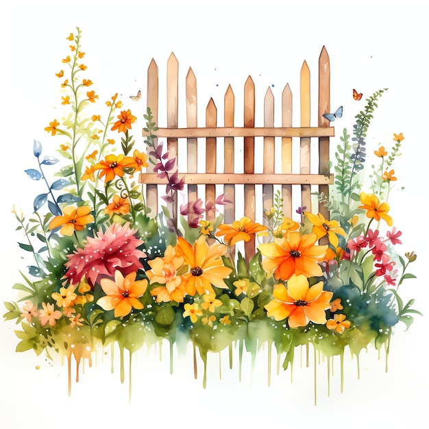 Aquarell-Herbst-Gartenzaun mit Blumen Illustration Frühlingsblumen-Clipart