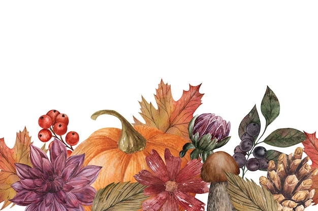 Aquarell Herbst nahtlose Grenze mit Kürbissen Dahlia rote Beeren Blätter und Pilze handgemalt