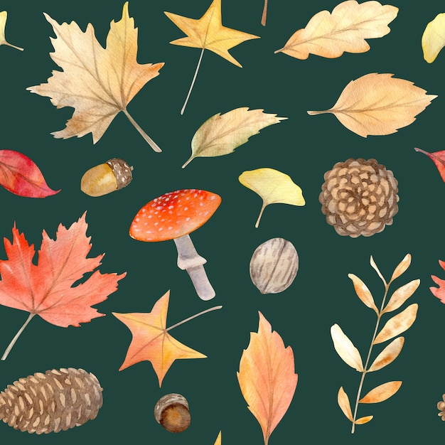 Aquarell Herbst nahtlose Muster mit handgemalten gemütlichen Symbolen der Herbstsaison.