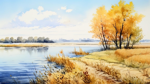 Aquarell Herbstlandschaft Karst mit Dnieper und Weiden