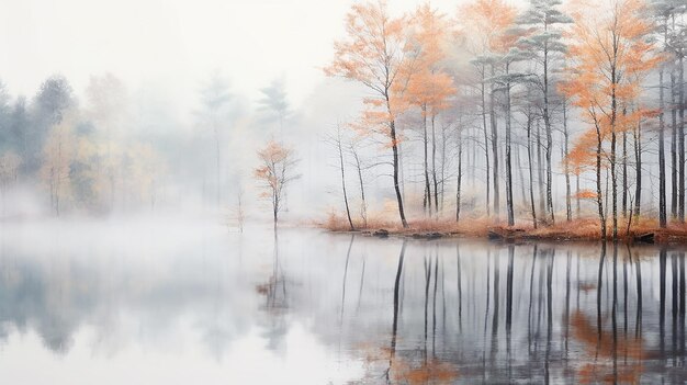 Aquarell herbstlicher grauer Wald mit Spiegelung im Wasser, ruhige Hintergrundlandschaft, sanfte Farbe