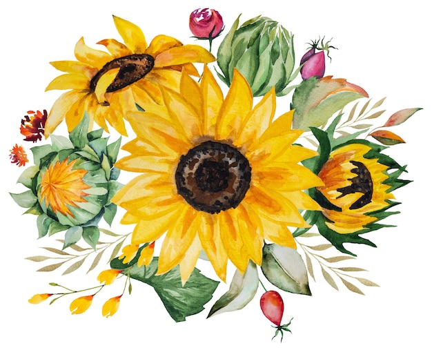 Aquarell Herbststrauß aus gelben Sonnenblumen und Blättern isoliert