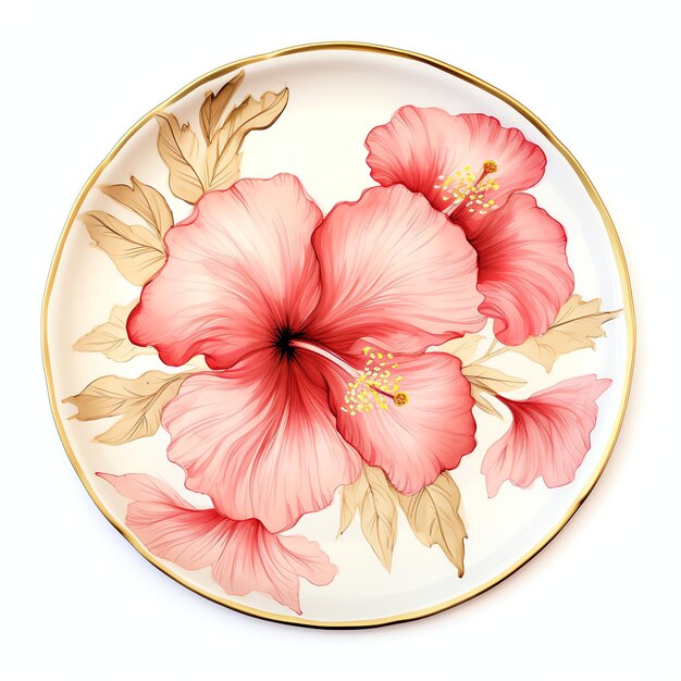 Aquarell-Hibiskus-Teller im Cottagecore-Hawaii-Stil für Garten-Teeparty