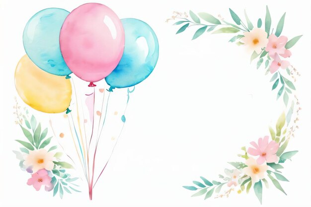Aquarell-Hintergrund für Hochzeits- oder Geburtstagsgrüße mit Ballons und Blumen
