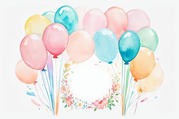 Aquarell-Hintergrund für Hochzeits- oder Geburtstagsgrüße mit Ballons und Blumen