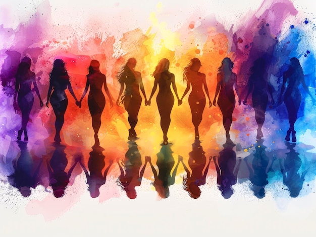 Foto aquarell-hintergrund mit silhouetten von frauen und farbspritzen