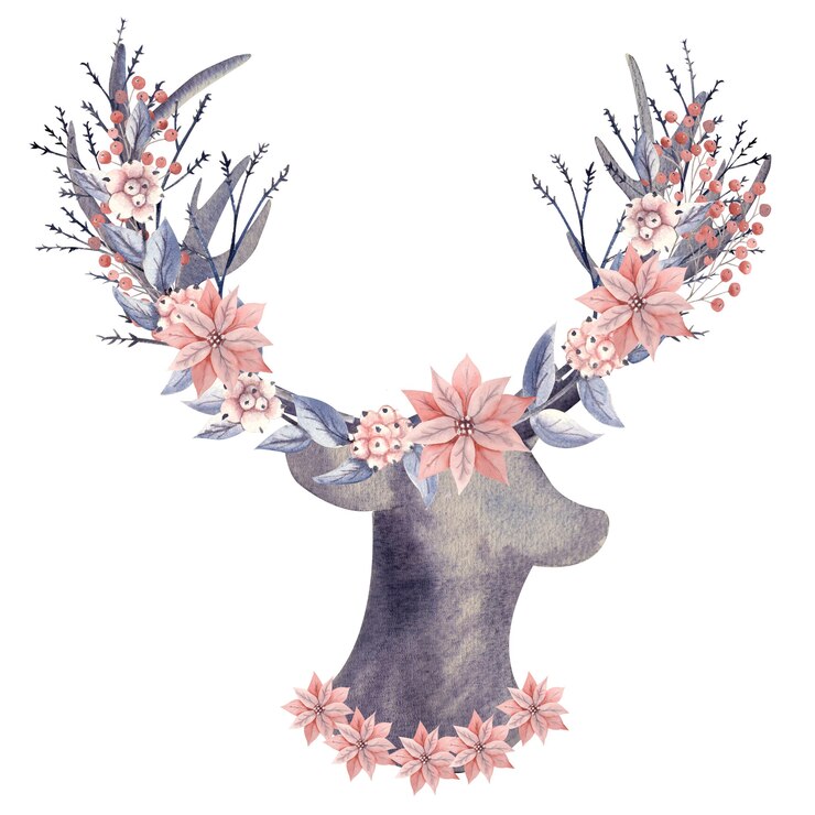 Aquarell Hirschgeweih mit Blumen verziert