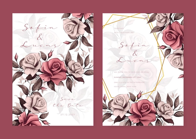 Aquarell Hochzeits-Einladungskarte Vorlage mit rosa und lila Blumen und Blätter Dekoration