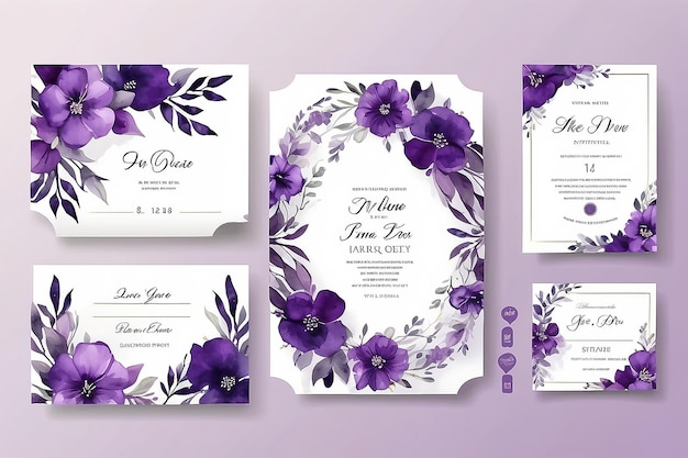 Aquarell-Hochzeitseinladungsvorlage mit romantischer lila-violetten Blumen- und Blattdekoration