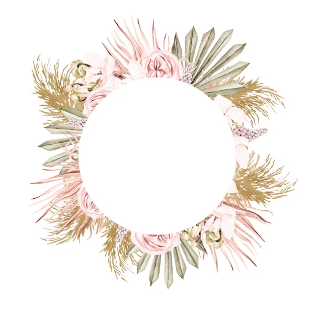 Aquarell-Hochzeitskranz mit Boho-Blumen und getrockneten Blättern Illustration
